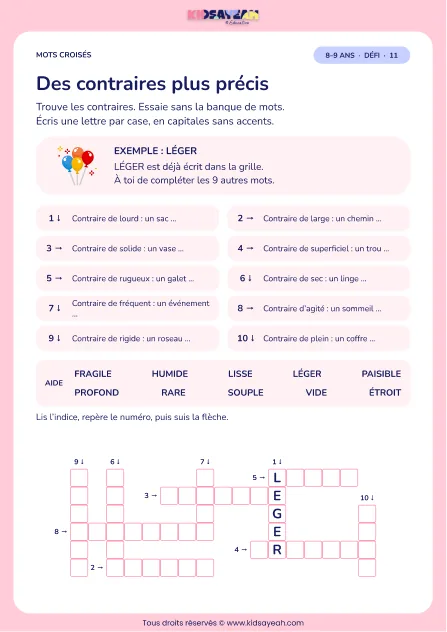 Des contraires plus précis : grille de mots croisés CE2, 10 mots, fiche enfant