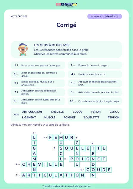 Corrigé de la grille Le corps en mouvement, mots croisés CM1