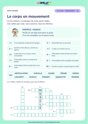 Le corps en mouvement : grille de mots croisés CM1, 10 mots, fiche enfant
