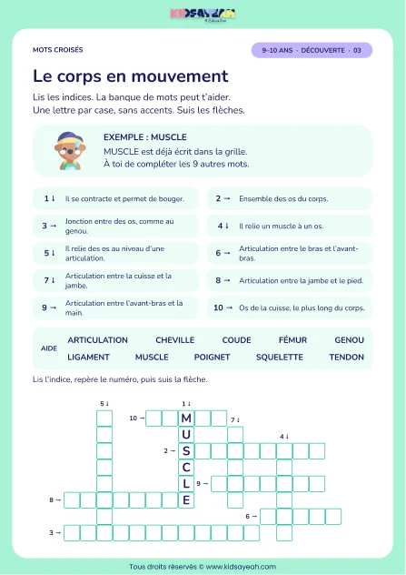 Le corps en mouvement : grille de mots croisés CM1, 10 mots, fiche enfant