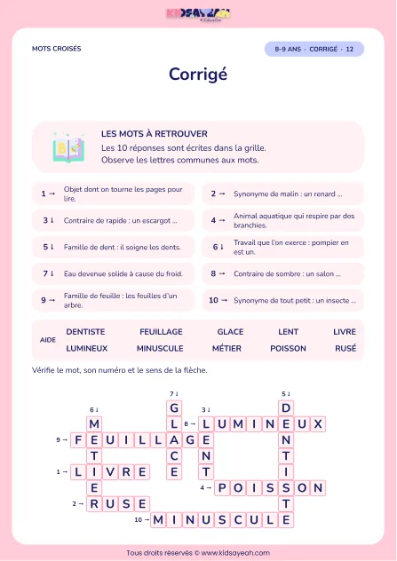 Corrigé de la grille L’enquête des mots, mots croisés CE2