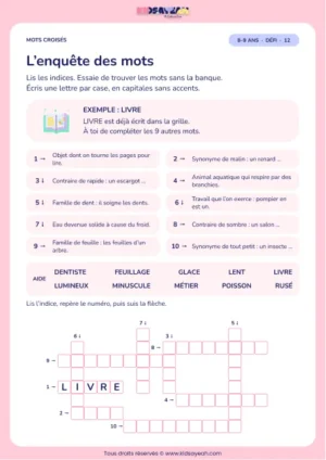 L’enquête des mots : grille de mots croisés CE2, 10 mots, fiche enfant