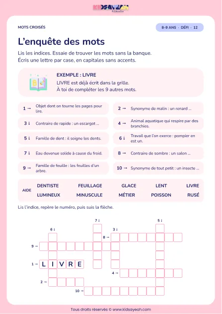 L’enquête des mots : grille de mots croisés CE2, 10 mots, fiche enfant