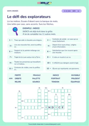 Le défi des explorateurs : grille de mots croisés CM1, 12 mots, fiche enfant