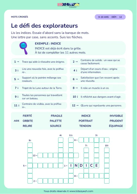 Le défi des explorateurs : grille de mots croisés CM1, 12 mots, fiche enfant