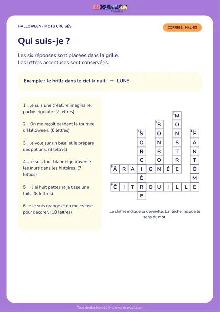 mots croisés devinettes Halloween CE1 - corrigé