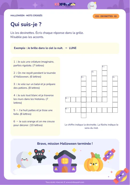 mots croisés devinettes Halloween CE1 - fiche enfant