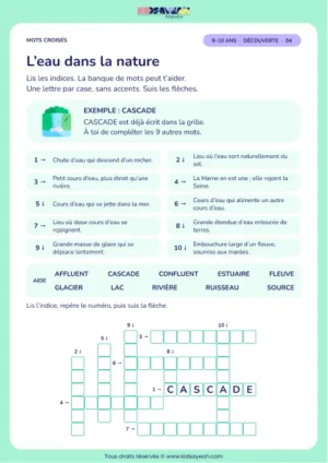 L’eau dans la nature : grille de mots croisés CM1, 10 mots, fiche enfant