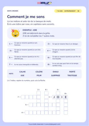 Comment je me sens : grille de mots croisés CE1, 8 mots, fiche enfant