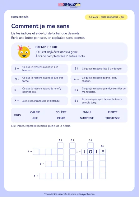 Comment je me sens : grille de mots croisés CE1, 8 mots, fiche enfant