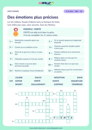 Des émotions plus précises : grille de mots croisés CM1, 12 mots, fiche enfant