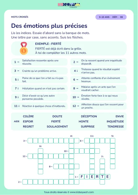 Des émotions plus précises : grille de mots croisés CM1, 12 mots, fiche enfant