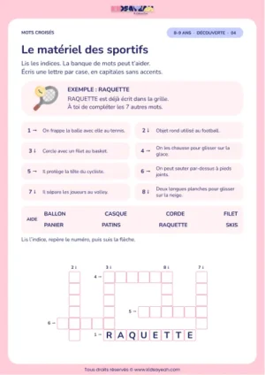 Le matériel des sportifs : grille de mots croisés CE2, 8 mots, fiche enfant