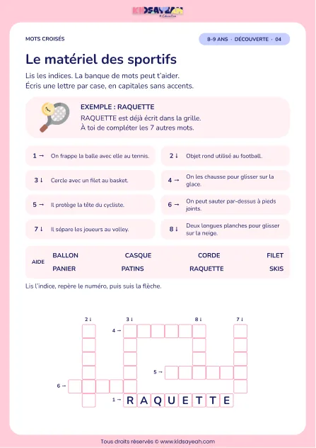 Le matériel des sportifs : grille de mots croisés CE2, 8 mots, fiche enfant