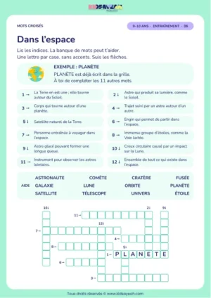 Dans l’espace : grille de mots croisés CM1, 12 mots, fiche enfant