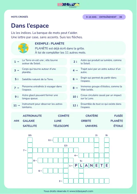 Dans l’espace : grille de mots croisés CM1, 12 mots, fiche enfant
