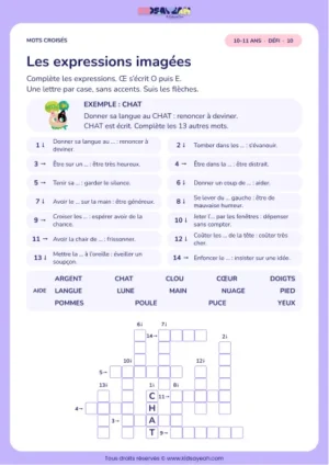 Les expressions imagées : grille de mots croisés CM2, 14 mots, fiche enfant