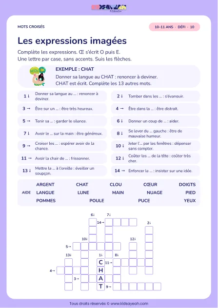 Les expressions imagées : grille de mots croisés CM2, 14 mots, fiche enfant