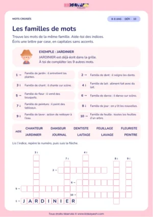 Les familles de mots : grille de mots croisés CE2, 10 mots, fiche enfant