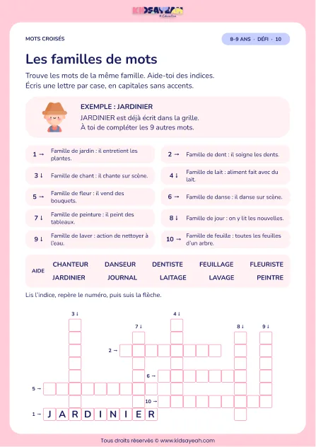 Les familles de mots : grille de mots croisés CE2, 10 mots, fiche enfant