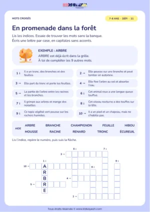 En promenade dans la forêt : grille de mots croisés CE1, 10 mots, fiche enfant