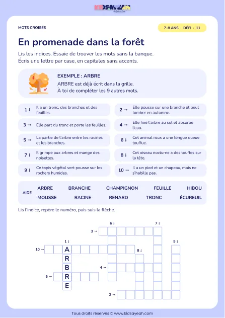 En promenade dans la forêt : grille de mots croisés CE1, 10 mots, fiche enfant