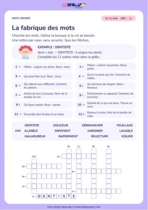 La fabrique des mots : grille de mots croisés CM2, 12 mots, fiche enfant