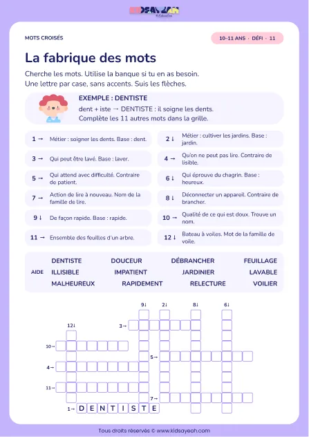 La fabrique des mots : grille de mots croisés CM2, 12 mots, fiche enfant