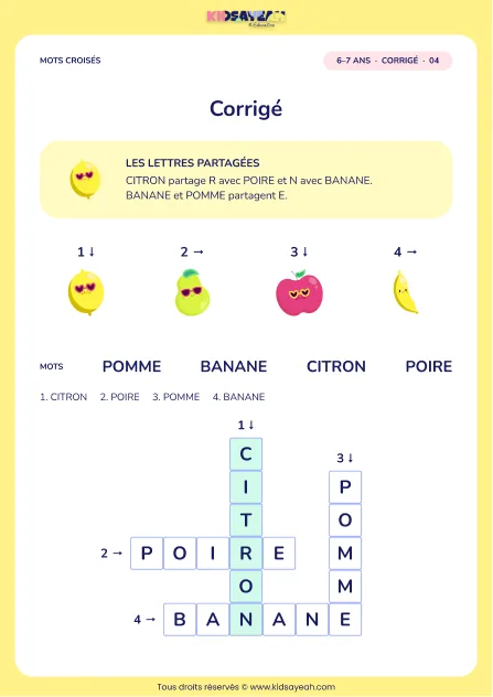 Corrigé de la grille Les fruits, mots croisés CP