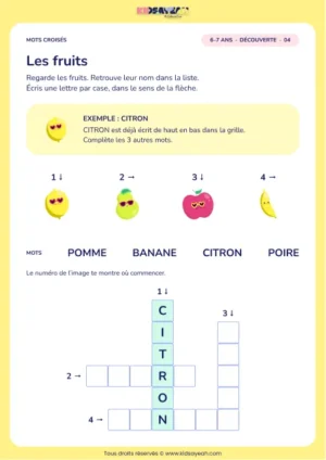 Les fruits : grille de mots croisés CP, 4 mots, fiche enfant
