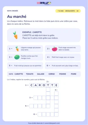 Au marché : grille de mots croisés CE1, 6 mots, fiche enfant