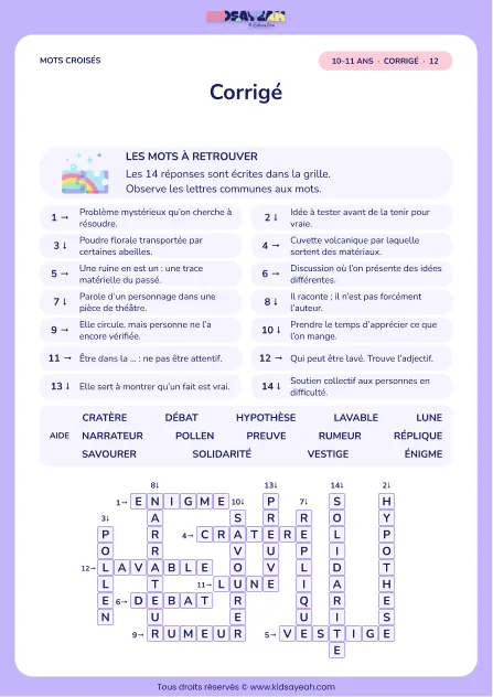Corrigé de la grille Le grand défi des mots, mots croisés CM2