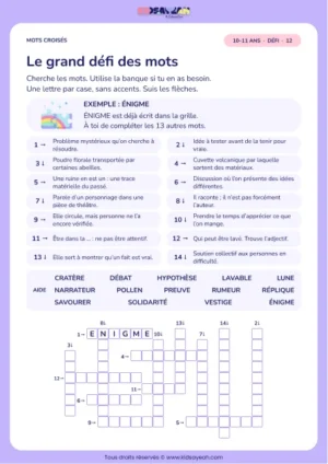 Le grand défi des mots : grille de mots croisés CM2, 14 mots, fiche enfant