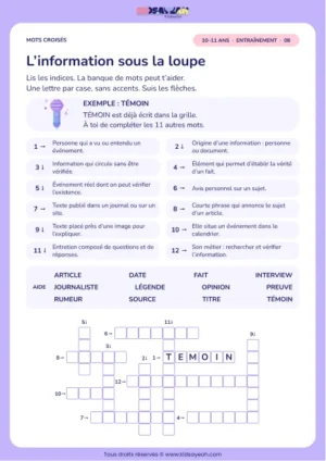 L’information sous la loupe : grille de mots croisés CM2, 12 mots, fiche enfant
