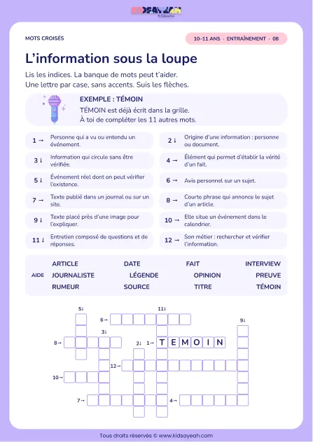 L’information sous la loupe : grille de mots croisés CM2, 12 mots, fiche enfant