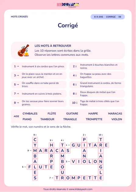 Corrigé de la grille Les instruments de musique, mots croisés CE2