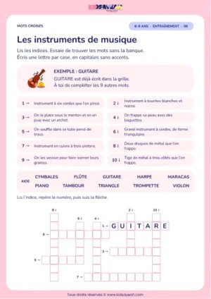 Les instruments de musique : grille de mots croisés CE2, 10 mots, fiche enfant