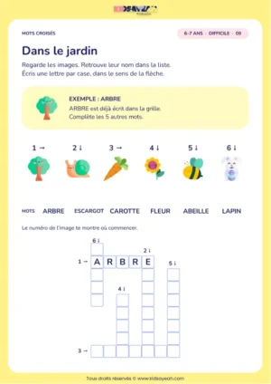Dans le jardin : grille de mots croisés CP, 6 mots, fiche enfant