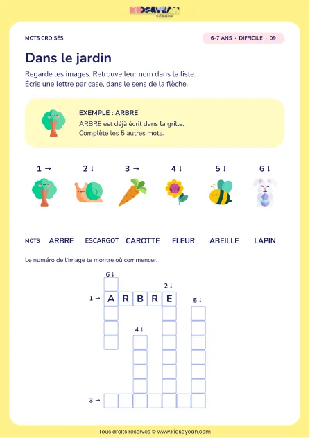 Dans le jardin : grille de mots croisés CP, 6 mots, fiche enfant