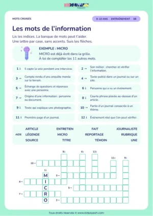 Les mots de l’information : grille de mots croisés CM1, 12 mots, fiche enfant