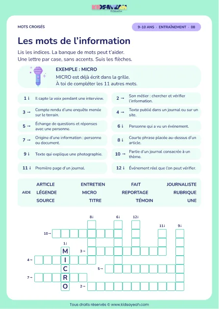 Les mots de l’information : grille de mots croisés CM1, 12 mots, fiche enfant