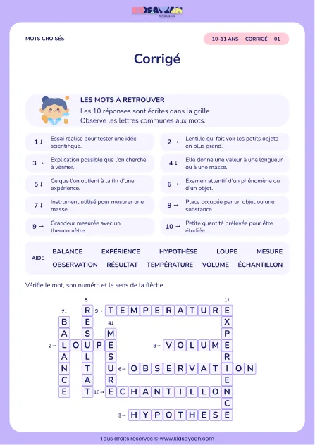 Corrigé de la grille Le laboratoire, mots croisés CM2