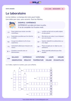 Le laboratoire : grille de mots croisés CM2, 10 mots, fiche enfant