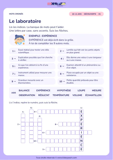 Le laboratoire : grille de mots croisés CM2, 10 mots, fiche enfant