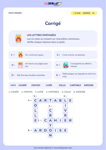 Corrigé de la grille Ma journée d’école, mots croisés CE1