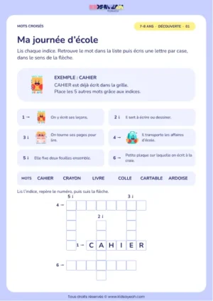 Ma journée d’école : grille de mots croisés CE1, 6 mots, fiche enfant