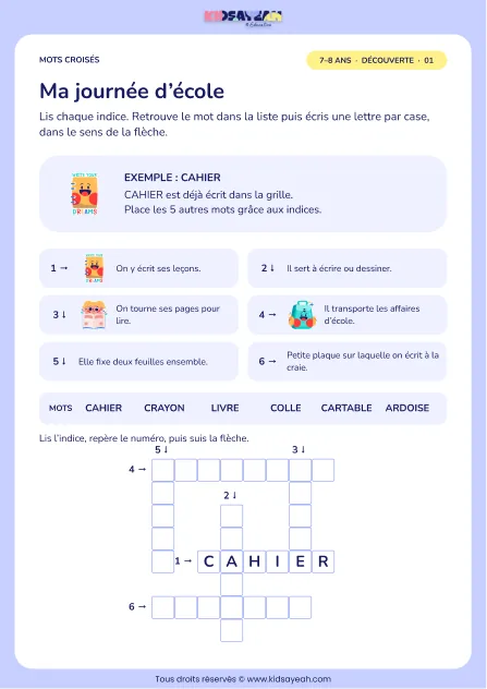 Ma journée d’école : grille de mots croisés CE1, 6 mots, fiche enfant