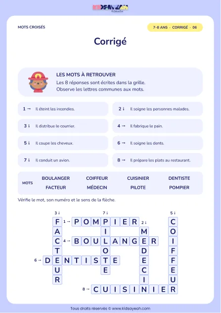 Corrigé de la grille Les métiers du quotidien, mots croisés CE1