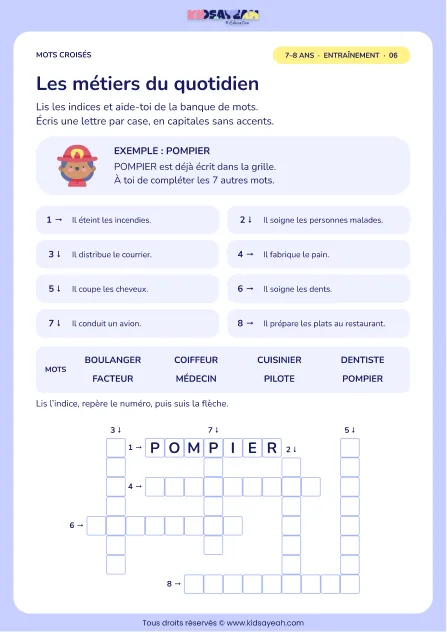 Les métiers du quotidien : grille de mots croisés CE1, 8 mots, fiche enfant