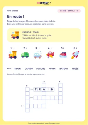 En route ! : grille de mots croisés CP, 6 mots, fiche enfant